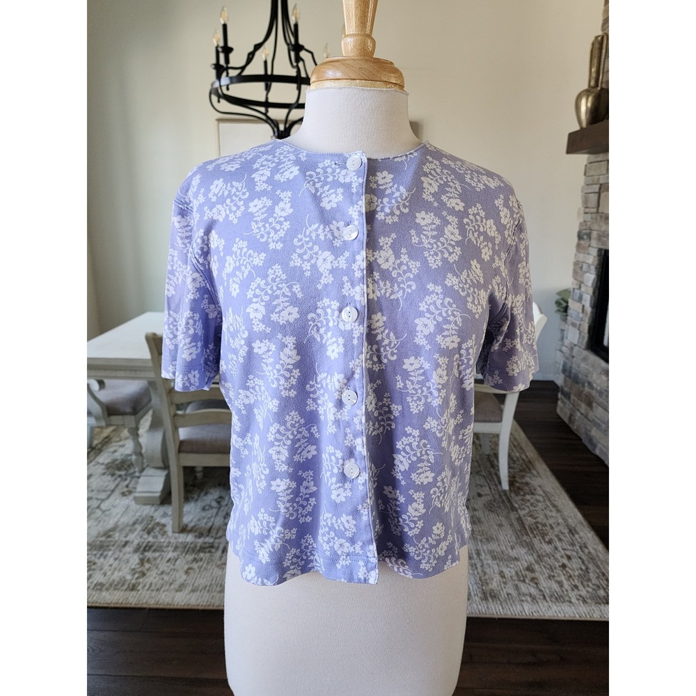 Y2K Talbots Cottagecore Grandmacore Floral Cardigan Blue White Button Front